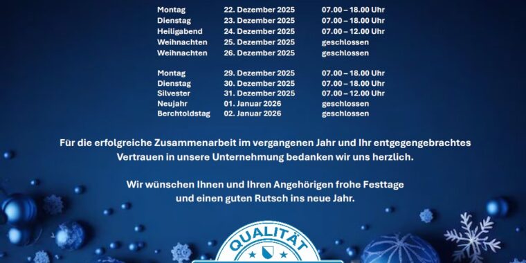Öffnungszeiten Weihnachten/ Neujahr 2025